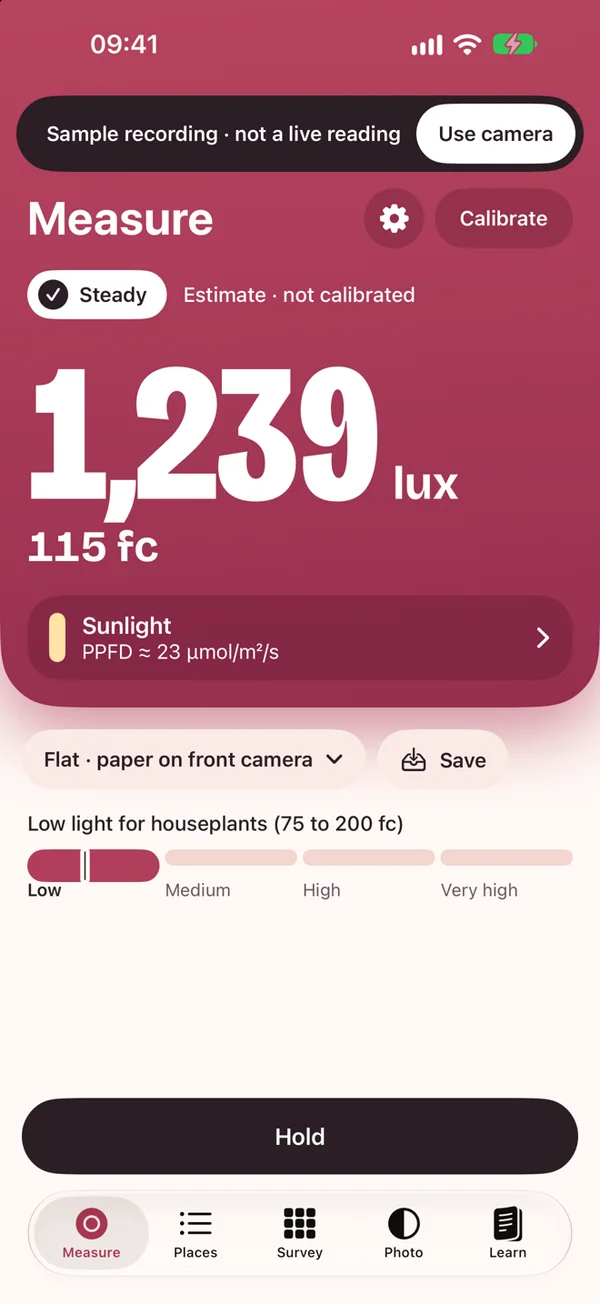 Luxwise Measure screen reading 1,239 lux and 115 foot-candles